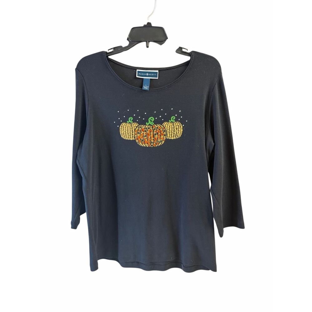 Karen Scott Pumpkin Rhinestone Embellished Halloween Cotton Pullover Top Large